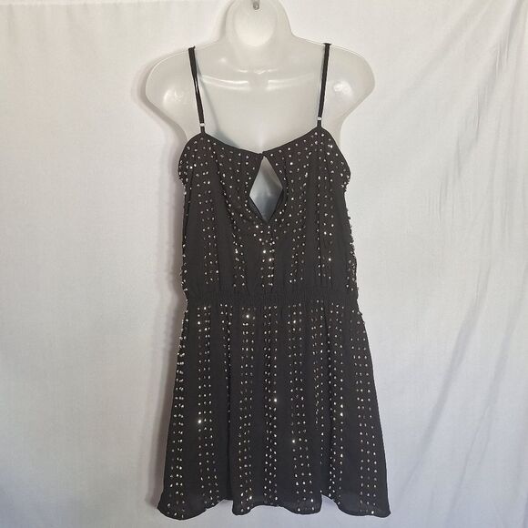 Black Mini Beaded Spaghetti Strap Dress Medium Goth Rock Punk Metal Slouchy Y2K - Picture 8 of 12